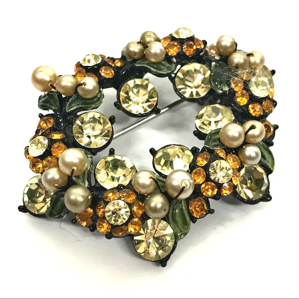Vintage Rhinestone Brooch Flower Leaf Faux Pearl